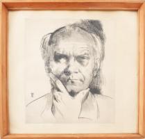 László Gyula (1910-1998): Önarckép, 1975. VI.24. Rézkarc, papír, jelzett. Számozott (3/1). Üvegezett fakeretben. Lap teteje kissé foltos. 29,5x24 cm.