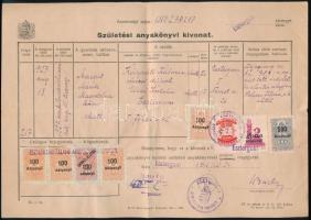 1946 Esztergom, születési anyakönyvi kivonat, adópengős és okirati illetékbélyegekkel