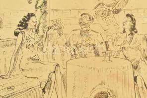 LE jelzéssel: Humoros jelenet hölgyekkel és kitüntetéssel dekorált katonatiszttel. Tus, akvarell, pa...