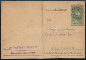 1944 Kecskemét, Dr. Vasváry Sándor jogász saját kezű aláírással ellátott levelezőlapja Zilahy Lajos joghallgató részére