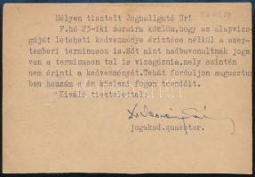 1944 Kecskemét, Dr. Vasváry Sándor jogász saját kezű aláírással ellátott levelezőlapja Zilahy Lajos ...