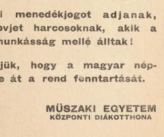1956 Felhívás a Műszaki Egyetem központi diákotthona felívása 20x30 cm Forradalmi plakát. Ritka!