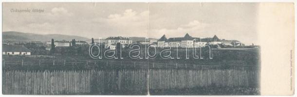 1906 Csíkszereda, Mercurea Ciuc; látkép, Mikó vár. Szvoboda József kiadása. 2-részes kihajtható panorámalap / general view, castle. 2-tiled folding panoramacard (hajtásnál szakadt / torn at fold)