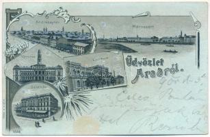 1900 Arad, Andrássy tér, Maros part, Líceum, városház, színház / square, Mures riverside, school, town hall, theatre. Ferd. Pialek Söhne Art Nouveau, floral, litho (felszíni sérülés / surface damage)