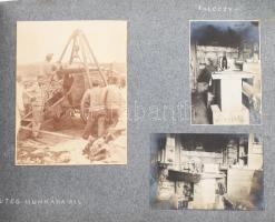 1914-1916 "Emlékezünk..." Bileca - katonai fotóalbum, feliratozott, beragasztott, vegyes méretű fotókkal (a Pálóczy-üteg munkába áll, fogoly ornagócok, montenegrói őrnagy, tüzérségi figyelőállomás, 110-es fényszóró, török temető, ágyú, stb.), 92 db fotó