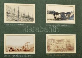 1914-1916 Bileca - katonai fotóalbum, feliratozott fotókkal (erődrészlet, újoncok, tisztek csoportja, megfigyelés, akadályövezet, sáncrészlet, lőgyakorlat, zsákmányolt montenegrói ágyúk, gépfegyver, mozsár, stb.), 4×7 cm-es fotókkal, 197 db