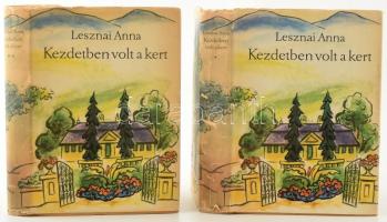 Lesznai Anna: Kezdetben volt a kert. I.-II. kötet. Bp., 1966, Szépirodalmi. Első kiadás. Kiadói egészvászon kötésben, kiadói kissé sérült és kissé foltos papír védőborítóval.