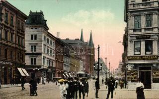 Praha Vinohrady Palacky avenue with Café Slovenska, furniture warehouse, tram and the shops of Josli Spicak and Emanuel Maceska (b)