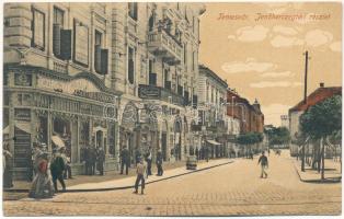 1915 Temesvár, Timisoara; Jenő herceg tér, Turul cipőgyár részvénytársaság főraktára, Temesi Agrár Takarékpénztár, gyógyszertár, üzletek. Polatsek kiadása / square, shoe store, warehouse, savings bank, pharmacy, shops (EK)