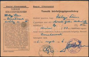 1956 MÁV fényképes bérletigazolvány a Műszaki Egyetem Hadmérnöki Kar hallgatója részére