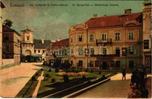 1908 Temesvár, Timisoara; Szent György tér, Erdélyi laktanya, Pummer féle Pilzeni sörcsarnok, Leitenbor József üzlete, kőnyomda (Lithographie), Kossak J. udvari fényképész műterme és üzlete / St. Georgs-Platz u. Siebenbürger Kaserne, Pilsner Bierhalle / square, K.u.K. military barracks, beer hall, inn, shops, photographer&#039;s atelier, lithography workshop (EK)