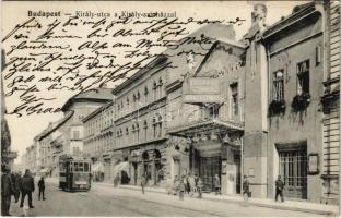 1913 Budapest VII. Király utca, Király színház, cukorka és nyakkendő üzletek, bor- és sörház, villamos (EK)