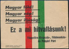 cca 1945 Független Kisgazda-, Földmunkás- és Polgári Párt (FKgP) röplap, 14x10 cm