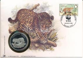 Belize DN (1991) "A Világ Vadvédelmi Alap (WWF) 30. évfordulója - Panthera Onca (Jaguár)" kétoldalas fém emlékérem érmés borítékban, bélyeggel és bélyegzéssel T:PP  Belize ND (1991) "30th Anniversary of the World Wildlife Fund - Panthera Onca" two-sided metal commemorative medallion in envelope with stamp and cancellation C:PP