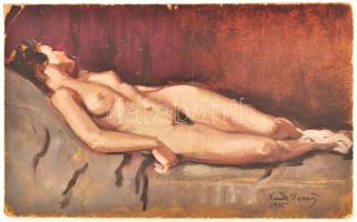 Szende Dezső (1887-): Női akt. Olaj, karton. Jelzett. Sérült. 26x42,5 cm