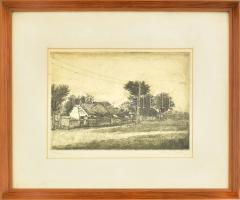 Kádár György (1912-2002): Faluvége. Rézkarc, papír, jelzett, üvegezett fakeretben, 17×23 cm