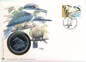 Ausztrália / Norfolk-sziget DN (1991) "A Világ Vadvédelmi Alap (WWF) 30. évfordulója - Todiramphus Sanctus (Szent jégmadár)" kétoldalas Cu-Ni emlékérem érmés borítékban, bélyeggel és bélyegzéssel, német nyelvű ismertetővel T:PP Australia / Norfolk Island ND (1991) "30th Anniversary of the World Wildlife Fund - Todiramphus Sanctus" two-sided Cu-Ni commemorative medallion in envelope with stamp and cancellation, with German description C:PP