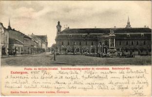 1905 Esztergom, Posta és távirda hivatal, Szentháromság szobor, Széchenyi tér, Városháza. Kardos Dezső kiadása (EK)