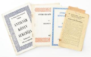 cca 1943 Dr. Bertók Lajos Könyvkereskedésének 26. számú könyvárjegyzéke, borító nélkül, 63+1 p. +   1976-1986 ÁKV antikvár könyvaukciós katalógus (1982. nov., XVI.), és eredménylisták (X. XV, XIX.) Változó állapotban.