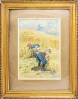 Glogovácz Rezső (működött a XX. sz. első felében): Aratás, 1914. Akvarell, papír, jelezve jobbra lent. Dekoratív, üvegezett, sérült fakeretben. 40x28 cm