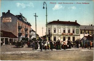 1917 Pöstyén, Piestany; Deák Ferenc utca, Metropole szálló, piac, Pilseni sörcsarnok. Lampl Gyula kiadása / street, hotel, market, beer hall