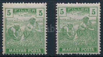 1919 Magyar Posta 2 db 5f, az egyik eltömődött, a másik hiányos jobb oldali értékszámmal