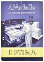 cca 1935-1940 Maschinenfabrik Chn. Mansfeld, 4 Modelle der Mansfeld-Schellschneider, ipari papírvágógépeket reklámozó, német nyelvű prospektus, lyukasztással, kihajtva: 61x29,5 cm