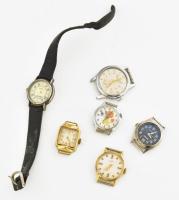6 darab női karóra, szíjak nélkül, közte 2 darab Seiko, illetve Wostok másodperc segédkörös karóra.
