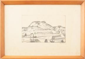Barcsay Jenő (1900-1988): Dombos táj. Rézkarc, papír, jelzett. 15,5×24 cm. Üvegezett fakeretben. Néhány apró folttal.
