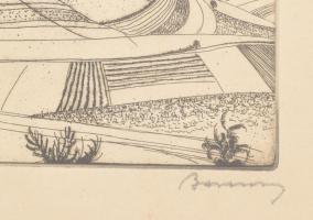 Barcsay Jenő (1900-1988): Dombos táj. Rézkarc, papír, jelzett. 15,5×24 cm. Üvegezett fakeretben. Néh...