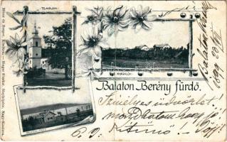 1899 (Vorläufer) Balatonberény-fürdő, templom, part, nyaralók. Münz és Berger kiadása, Singer Sándor fényképész, Art Nouveau, floral (fa)