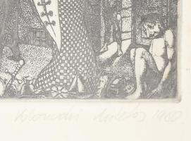 Kolozsvári Grandpierre Miklós (1950-): Fésülködő, 1980. Rézkarc, papír, jelzett. 14×9,5 cm. Üvegezet...