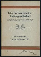 1929 I. G. Farbenindustrie Aktiengesellschaft - Amerikanische Herbstmodetöne 1929. Német nyelvű festékkatalógus, színmintákkal, 8 p.+2 t. Kartonált papírkötésben, jó állapotban. (Az Interessen-Gemeinschaft Farbenindustrie Aktiengesellschaft (röviden IG Farben) egy 1925-ben létrejött német vegyipari konszern volt. A náci párt hatalomra jutását követően fokozatosan átvette az irányítást a vállalat felett. 1940 és 1945 között a konszern nagy számban használt koncentrációs táborokban fogvatartott zsidókat rabszolgamunkásként. Emellett a cég egyik alvállalata gyártotta a Zyklon B gázt a II. világháború folyamán.)