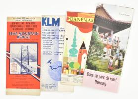 cca 1936-1978 Külföldi idegenforgalmi prospektusok, térképek, 4 db: USA autótérkép, KLM holland légitársaság menetrend, Dánia és Észak-Korea prospektus