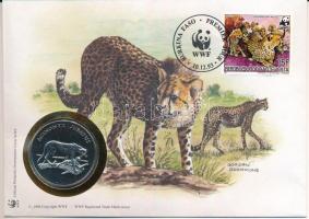 Nyugat-Afrikai Államok / Burkina Faso DN (1991) "A Világ Vadvédelmi Alap (WWF) 30. évfordulója - Acinonyx Jubatus (Gepárd)" kétoldalas fém emlékérem érmés borítékban, bélyeggel és bélyegzéssel, német nyelvű ismertetővel T:UNC West African States / Burkina Faso ND (1991) "30th Anniversary of the World Wildlife Fund - Acinonyx Jubatus" two-sided metal commemorative medallion in envelope with stamp and cancellation, with German description C:UNC