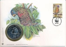 Santa Lucia DN (1991) "A Világ Vadvédelmi Alap (WWF) 30. évfordulója - Amazona Versicolor (Kékmaszkos amazon)" kétoldalas fém emlékérem érmés borítékban, bélyeggel és bélyegzéssel, német nyelvű ismertetővel T:UNC Santa Lucia ND (1991) "30th Anniversary of the World Wildlife Fund - Amazona Versicolor" two-sided metal commemorative medallion in envelope with stamp and cancellation, with German description C:UNC