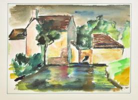 Ujváry Lajos (1925-2006): Öreg malom, 1965. Akvarell, ceruza, papír, jelzett. Papírra kasírozva. 21x27,5 cm