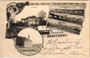 1899 (Vorläufer) Neratovice, Nádrazí, Celkovy pohled, Most, Kaple Sv. Vojtecha / railway station, locomotive, train, general view, railway bridge, chapel. Art Nouveau, floral (fa)