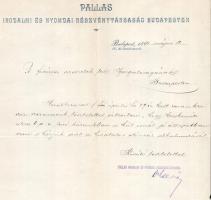 1891 Bp., Pallas Irodalmi és Nyomdai Rt. fejléces levélpapírjára írt hivatalos levél, Dr. Gerő Lajos...