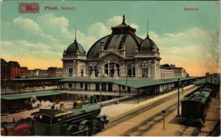 1924 Plzen, Pilsen; Nádrazí / Bahnhof / railway station, locomotive, train (EK)