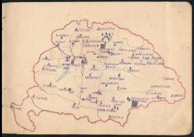 cca 1920-1930 Csengery-Irka iskolai rajzfüzet, benne igényes, kézzel rajzolt térképekkel (történelmi...