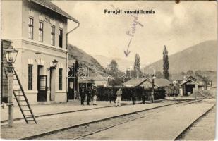 1911 Parajd, Praid; vasútállomás / Bahnhof / railway station + &quot;SÓVÁRAD - BALÁZSFALVA 266. SZ. A&quot; vasúti mozgóposta bélyegző (vágott / cut)