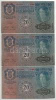 1913. 20K (7x) piros "DEUTSCHÖSTERREICH" felülbélyegzéssel, közte közeli sorszámok T:XF-F ...