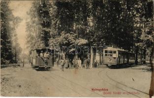 1910 Nyíregyháza, Sóstófürdő; villamosok az (motor) állomásnál, megállóhely. Levelezőlap Király kiadása (fa)