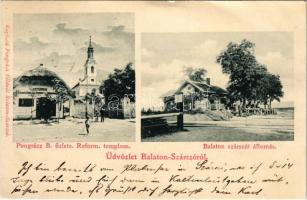 1902 Balatonszárszó, vasútállomás, Református templom, Pongrácz Béla üzlete és saját kiadása (EK)