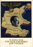 1938 März 13. Ein Volk, ein Reich, ein Führer! / Adolf Hitler, NSDAP German Nazi Party propaganda, map, swastika. 6 Ga. s: Professor Richard Klein + "1938 Linz (Rhein) die Bunte Stadt" So. Stpl. (EK)