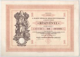 Makó 1929. "Makói Népbank Részvénytársaság" részvénye 50P-ről, szelvényekkel, szárazpecsét...