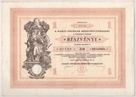 Makó 1929. "Makói Népbank Részvénytársaság" részvénye 50P-ről, szelvényekkel, szárazpecsét...