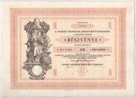Makó 1929. "Makói Népbank Részvénytársaság" részvénye 50P-ről, szelvényekkel, szárazpecsét...