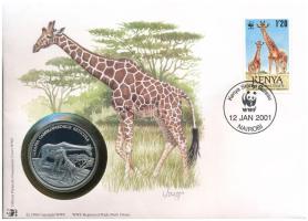 Kenya DN (1991) "A Világ Vadvédelmi Alap (WWF) 30. évfordulója - Giraffa Camelopardalis Reticula (Recés zsiráf)" kétoldalas fém emlékérem érmés borítékban, bélyeggel és bélyegzéssel, német nyelvű ismertetővel T:PP Kenya ND (1991) "30th Anniversary of the World Wildlife Fund - Giraffa Camelopardalis Reticula" two-sided metal commemorative medallion in envelope with stamp and cancellation, with German description C:PP